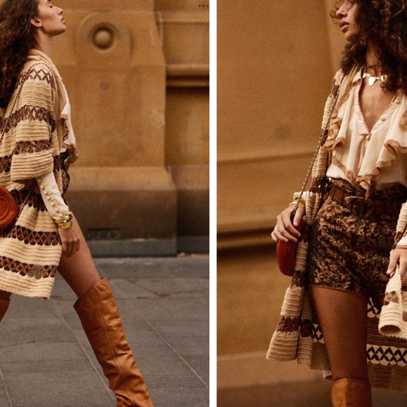 Sold Out! Chasing Unicorns Let It Be Crochet Coat Brown/Tan OS NWT - Picture 2 of 6